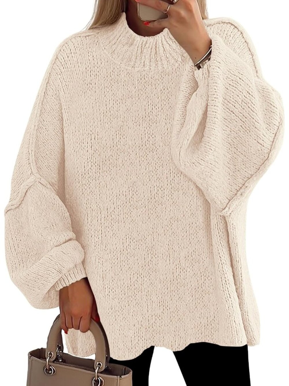 Women Cream Cozy Oversized Mock Neck Drop Shoulder Chunky Knit Slouchy Sweater